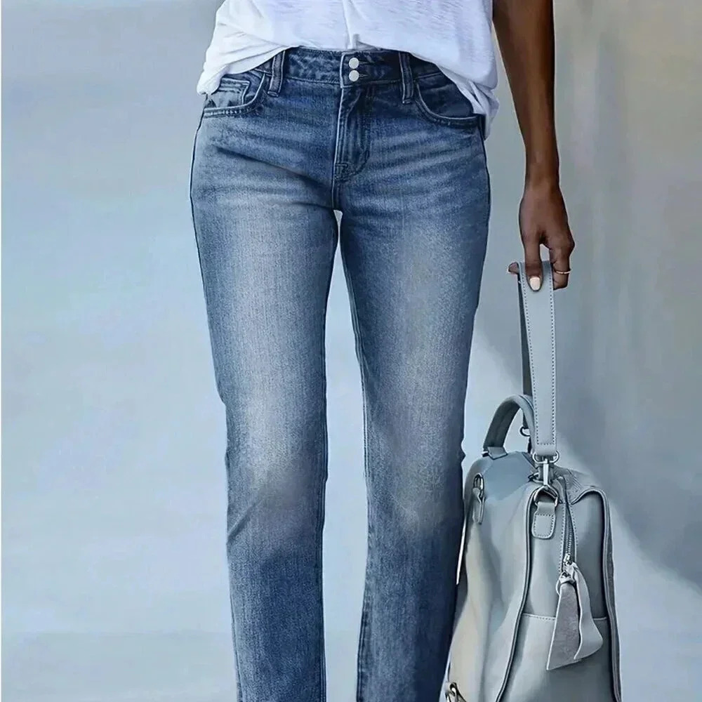 Medium Wash Casual Women's Double-Breasted Denim Jeans